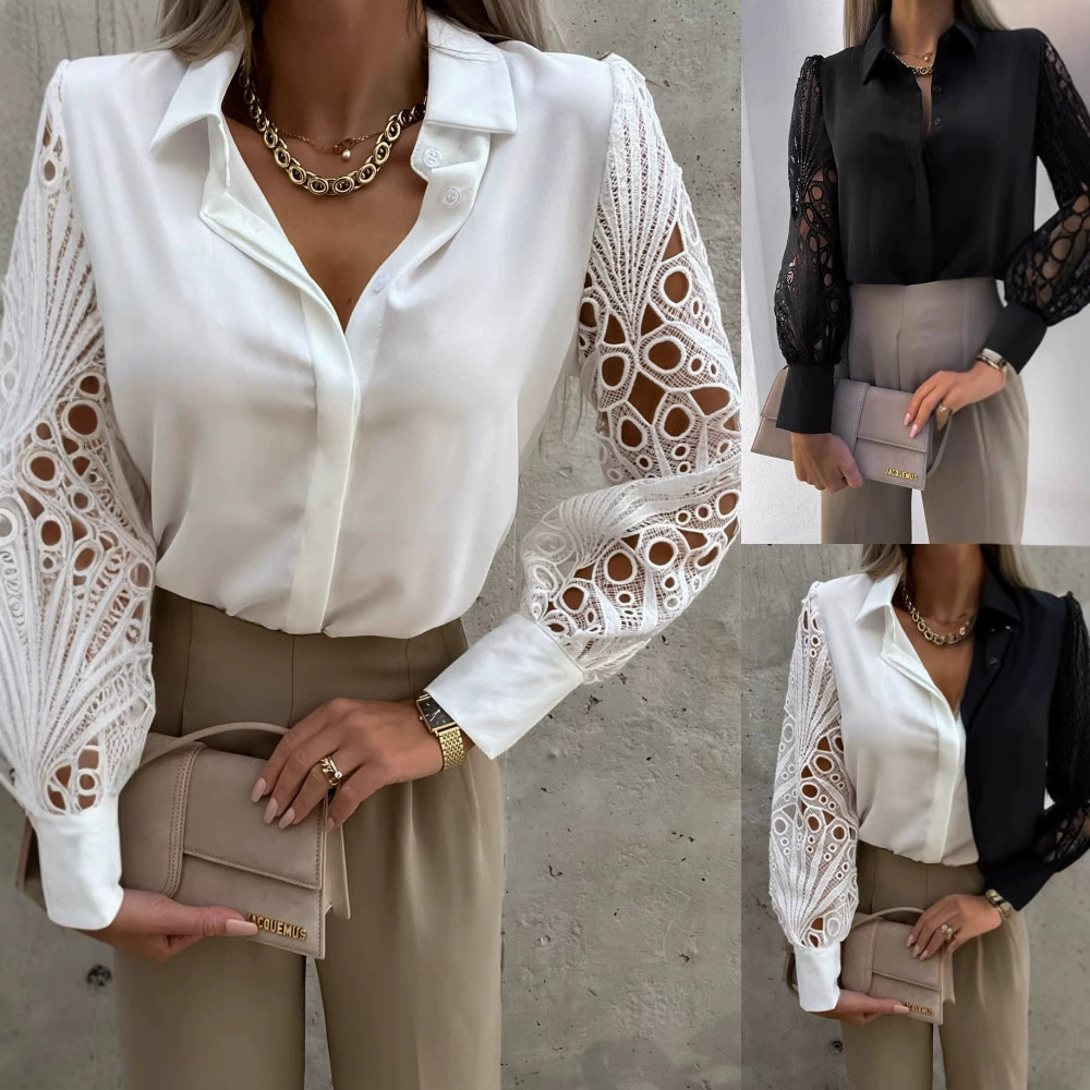 Новые популярные женские блузки и рубашки с кружевными вставками для трансграничной торговли Amazon в Европе и Америке, весна-лето 2025