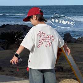男童2026夏季新款马年主题印花T恤宽松短袖潮牌儿童上衣中大童