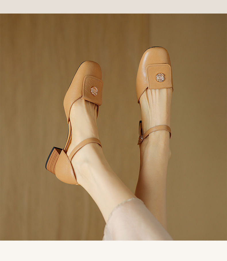 Sandal nữ quai ngang mũi bao da cừu cao cấp, gót vuông ổn định — Màu trắng be chi tiết 7