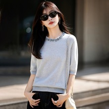 2025秋冬新款纯羊毛针织衫女式钉珠圆领套头半袖纯色宽松打底毛衣