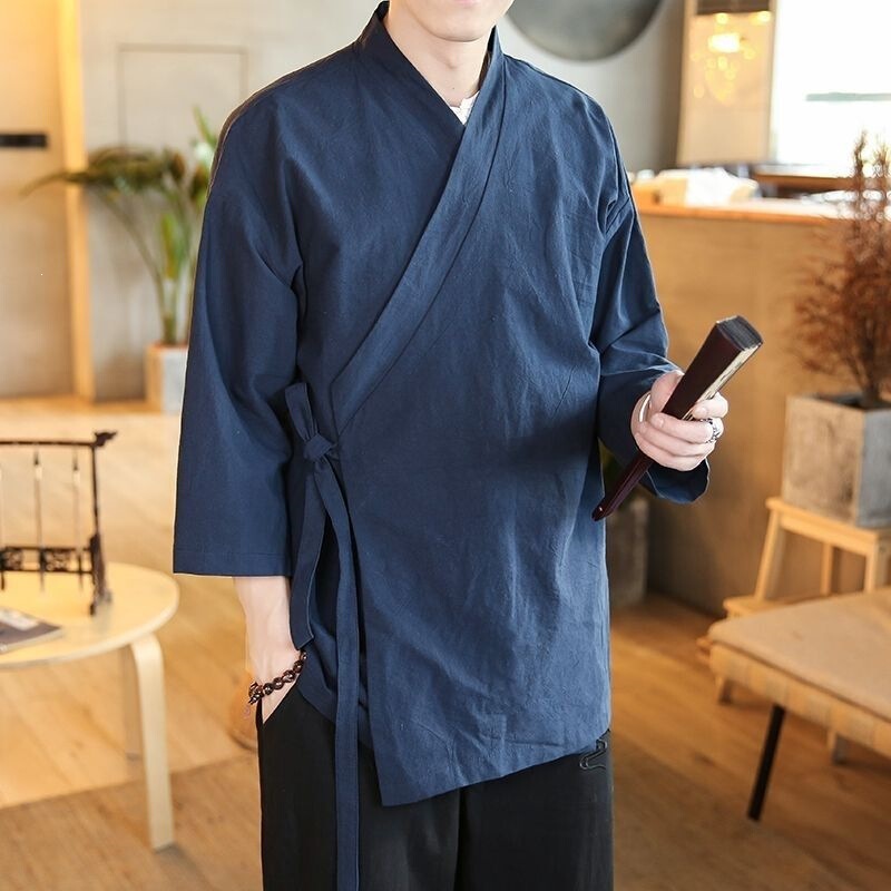 Northern China Wolf Men's Traditional Robe Chinese Style Hanfu Men's Summer Retro Tang Dynasty Style Zen Practice Three-Quarter Sleeve Cardigan