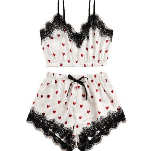 Lingerie Western Bestseller Sexy Lace Heart Print Halter Edge Shorts Women's Nightgown Set of Two