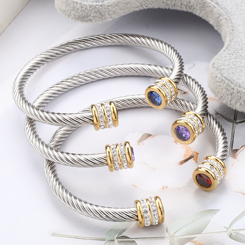 Fashion Twist Stainless Steel Inlay Zircon Bangle 1 Piece