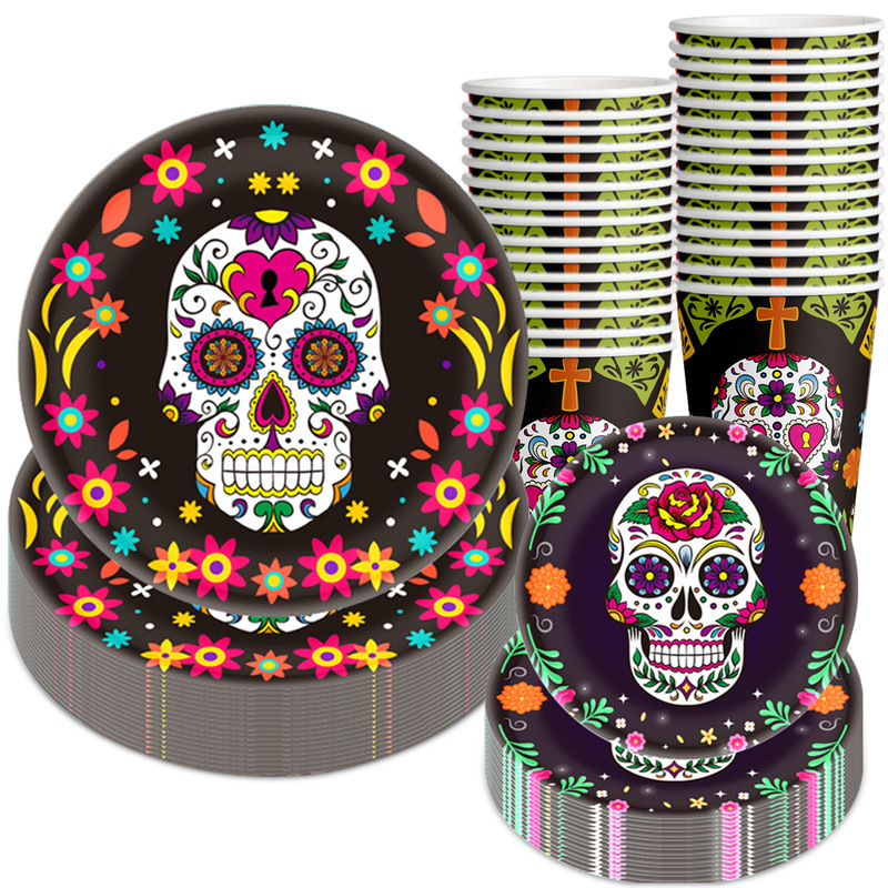 10 Servings Cross-Border 2024 Mexican Day of the Dead Halloween Horror Party Atmosphere Decoration Skull Paper Cups and Plates