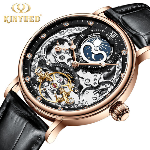 KINYUED fully automatic mechanical watch fashionable men's watch hollow mechanical watch dual time zone multifunctional men's watch