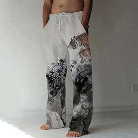 男士时装直筒裤 3D 打印弹性抽绳设计前口袋裤子休闲日常图形印花