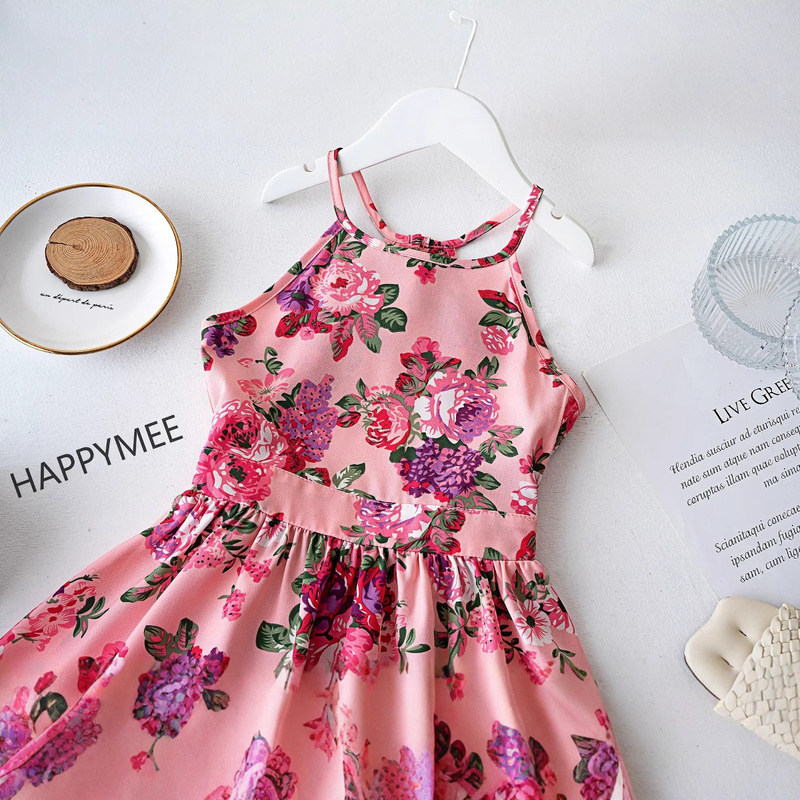 Girls' Summer Beach Swing Dress Vacation Party Strap Long Tail Dress Slightly Elastic Photo Swing Dress