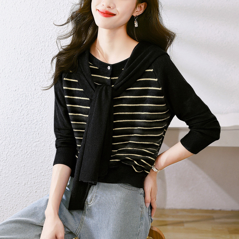 Cotton Striped Knit Sweater for Women, Long-Sleeve, 2026 Spring and Autumn New Style, Round Neck Cardigan Top with Shawl Sweater