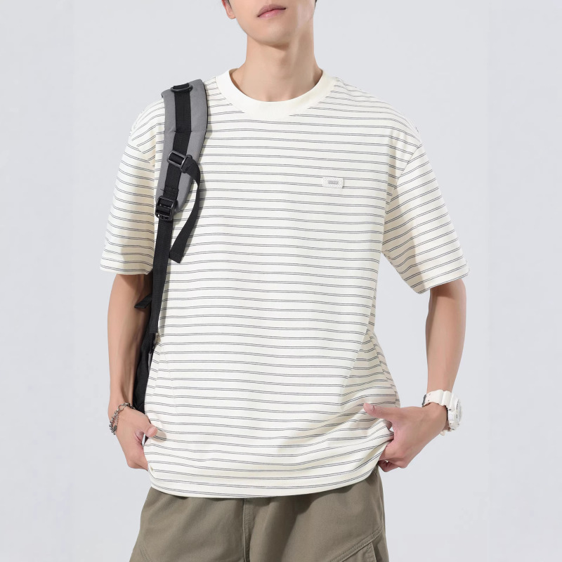 Textured Boyfriend-Style Round-Neck Short-Sleeve Striped T-Shirt for Men, New Summer Style, Loose Trendy Breathable Men's Sailor T-Shirt