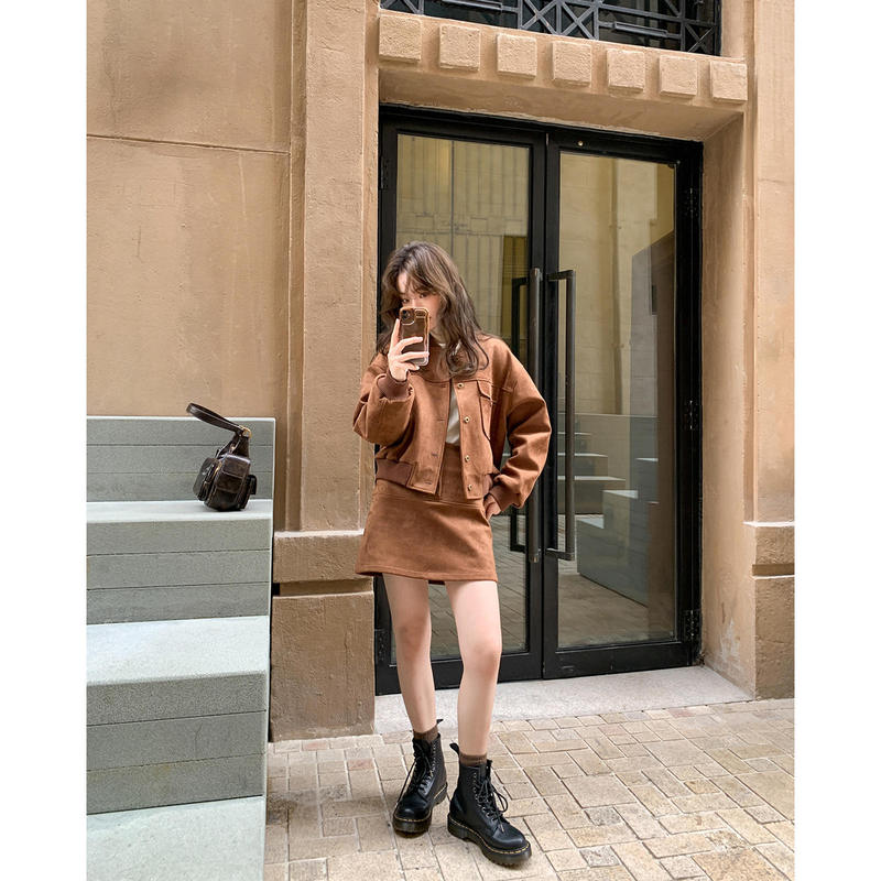 Suede Jacket and Skirt Set for Women, Spring and Autumn Padded Short Coat and High-Waisted Skirt Two-Piece Set