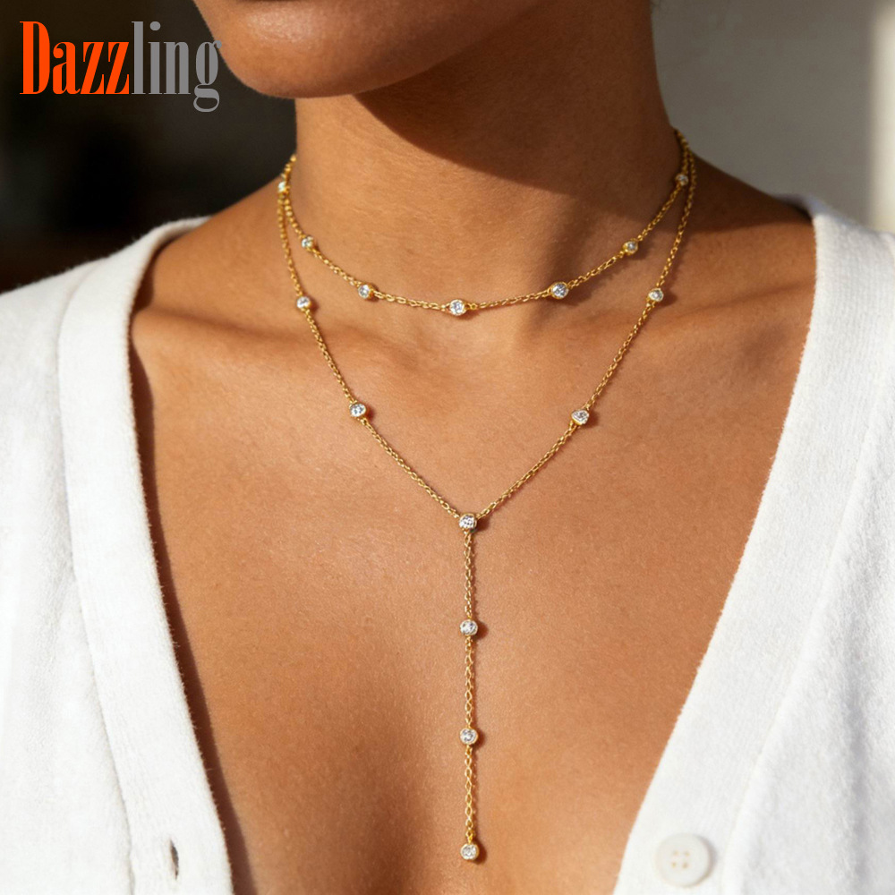 Women’s Round Zircon Double Chain Pendant Necklace Simple Versatile_voghion.com