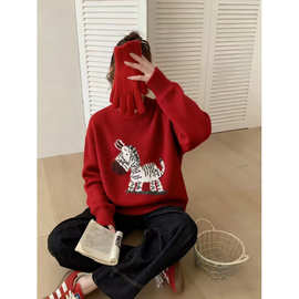 加工定制2025冬季新款圣诞穿搭小马提花毛衣红色针织上衣女