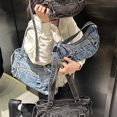 韓国マティンキムの新作デニムバッグレトロウォッシュ加工オールドクロワッサンバッグ韓国風インスタイルトートバッグ