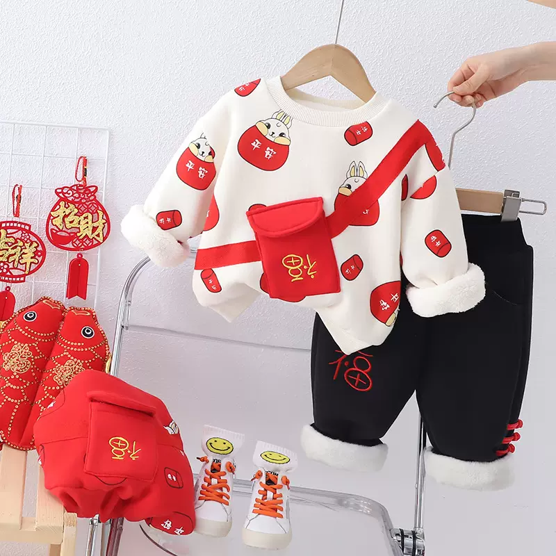 冬季新年套装加绒加厚中小儿童新款满印兔子拜年服中国风宝宝周岁
