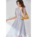 22 新款法式气质显瘦V领收腰金银丝蕾丝网纱花型长<font red=H>连衣裙</font>12608