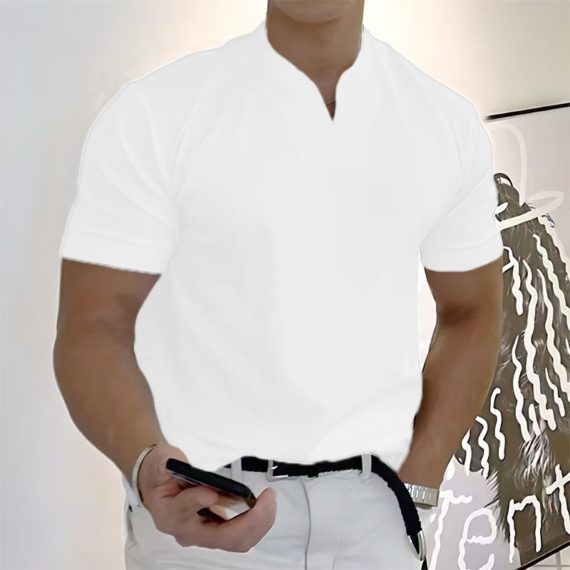 2025 verano nuevo estilo musculoso masculino fitness deportivo camiseta de manga corta elástica de verano con cuello en V para hombre