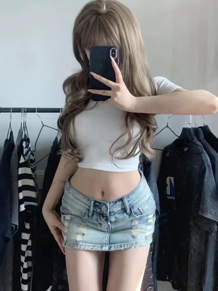 GraceChic GraceChic GraceChic American Hot Girl Street Style Ultra Short Women 2024 Summer New Denim Shorts Low Waist Sexy Letter Bag Half Skirt_voghion.com