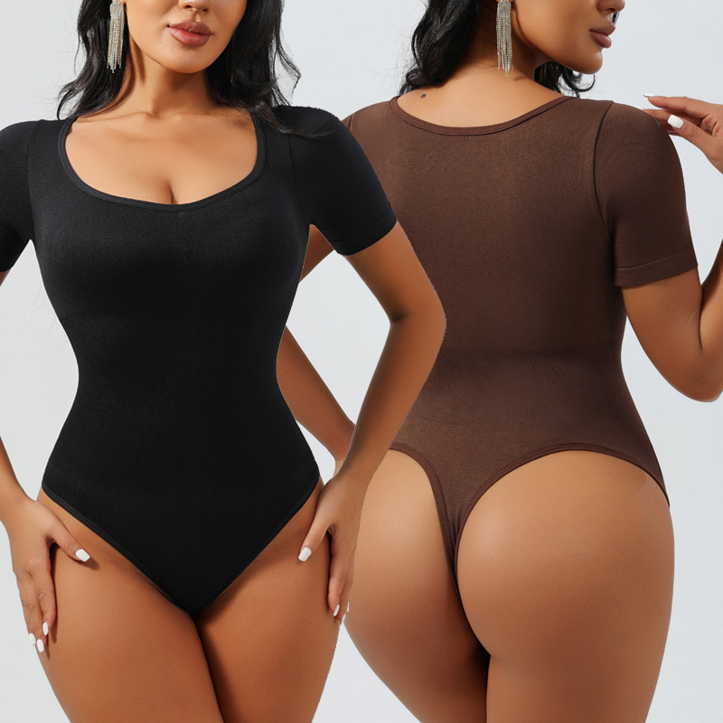 Cross-border Hot-selling European and American Square Collar Waist Belly-fit Seamless Short-sleeved G-string Body-shaping jumpsuit Body-shaping underwear