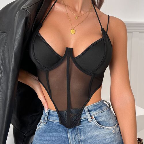  new summer style European and American style mesh see-through steel ring top fishbone corset sexy fashionable small suspender bra