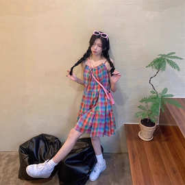 夏季新款韩系多巴胺彩色格子吊带连衣裙女小个子甜美减龄娃娃短裙