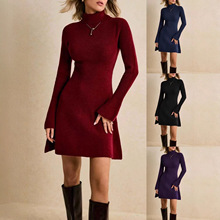 女士跨境欧美高领喇叭袖针织毛衣连衣裙女气质优雅纯色长袖气质