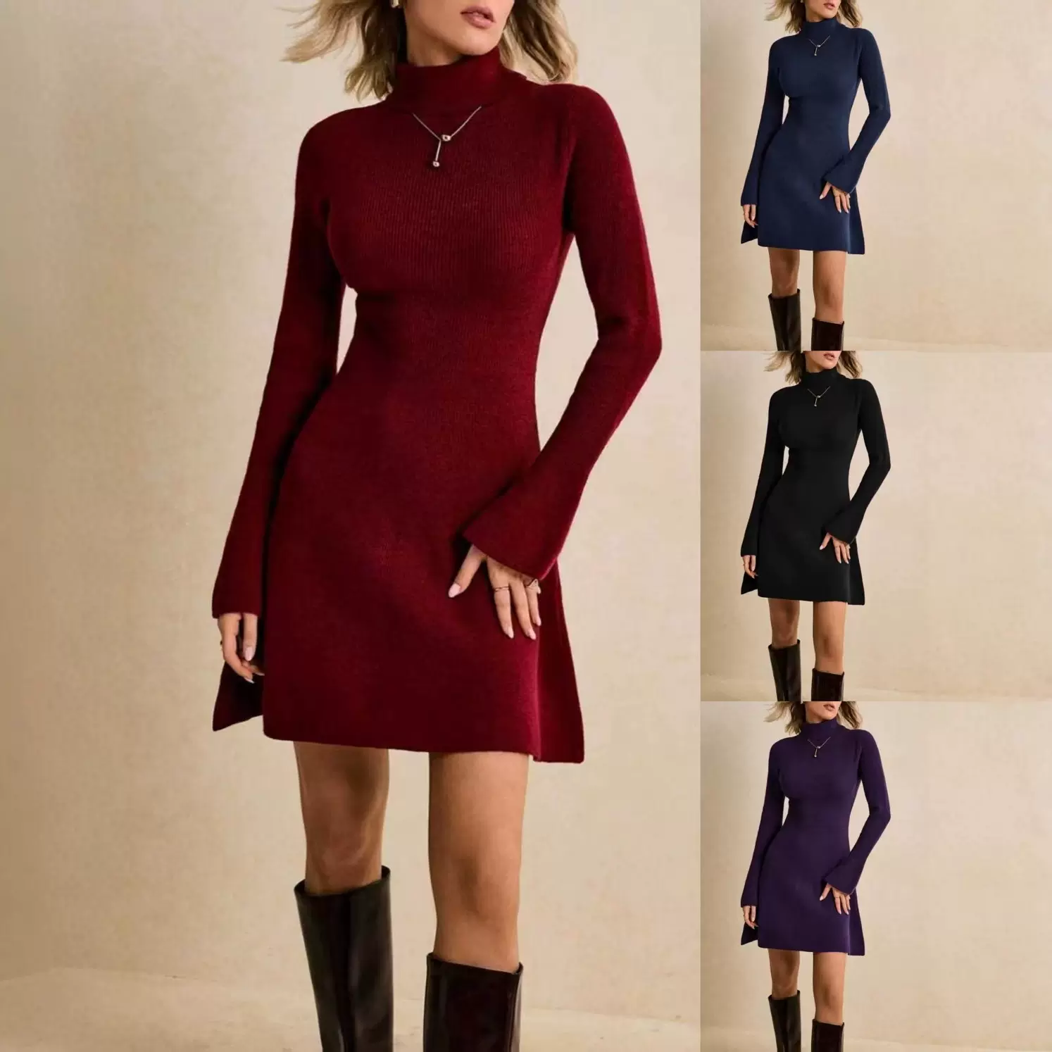 女士跨境欧美高领喇叭袖针织毛衣连衣裙女气质优雅纯色长袖气质