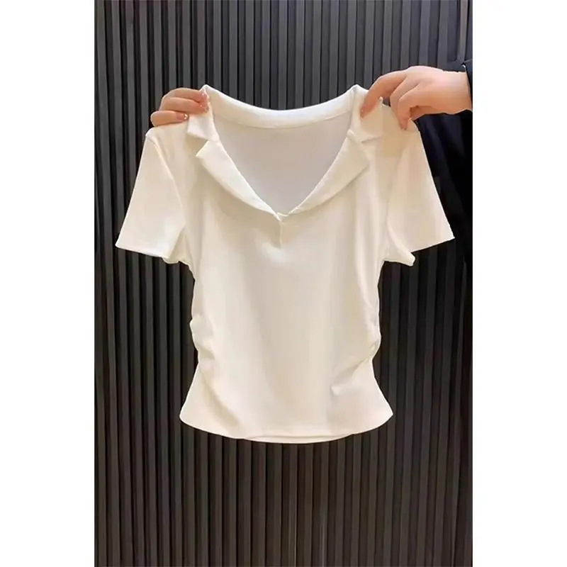 Polo Collar Short-Sleeve T-Shirt for Women, Summer, Regular Shoulder, Slimming, Korean Style, Waist-Cinching, Short, Stylish Top, Waist-Slimming