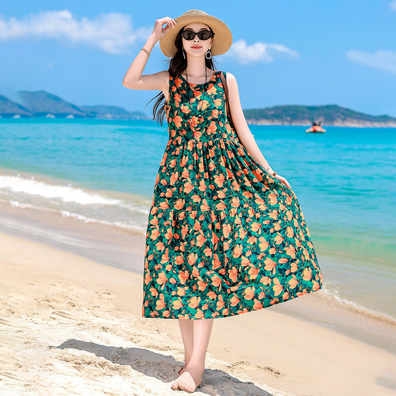French High-End Dress Women's New Summer Loose Large Size Extra Long Cotton Silk Floral Vest Skirt French High-End Dress Women's New Summer Loose Large Size Extra Long Cotton Silk Floral Vest Skirt