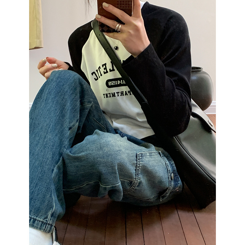 2025 New Autumn Clothing Round Neck Long-Sleeved Contrasting Tops Korean Style Casual Printed Versatile Letter T-Shirts for Women