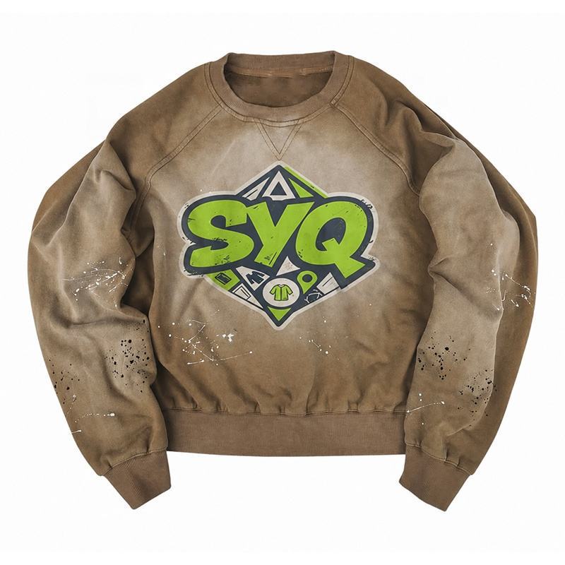 OEM vintage acid-washed distressed sweatshirt, with splatter-paint details, pullover, retro street style, crew neck top OEM vintage acid-washed distressed sweatshirt, with splatter-paint details, pullover, retro street style, crew neck top