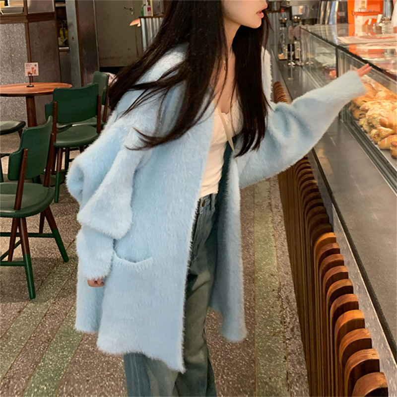 仿水貂绒连帽毛衣开衫女秋冬新款宽松中长款加厚软糯针织衫外套女|undefined