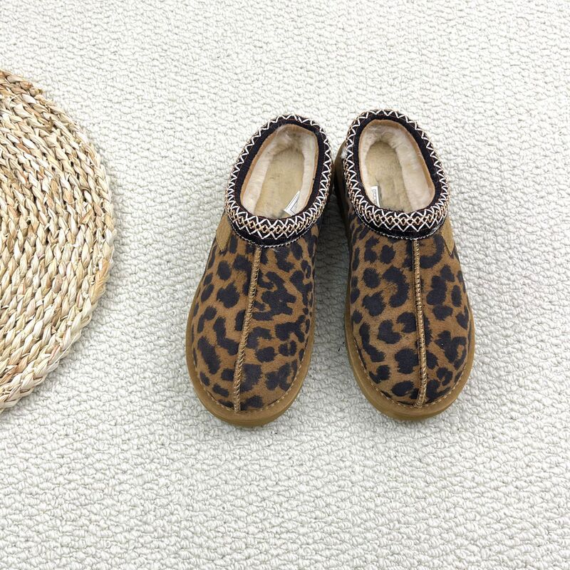 Cross-Border Foreign Trade Winter New Ethnic Style Leopard Print Genuine Leather Woven Lace Slippers Slip-On Snow Boots to Keep Warm