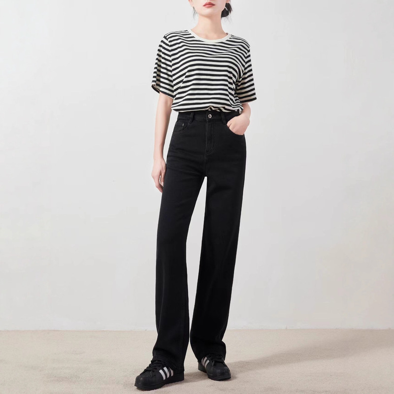 Four-Way Stretch Black Narrow Wide-Leg Jeans for Women, High-Waisted, Loose Fit, Slimming Straight-Leg Floor-Length Jeans Four-Way Stretch Black Narrow Wide-Leg Jeans for Women, High-Waisted, Loose Fit, Slimming Straight-Leg Floor-Length Jeans
