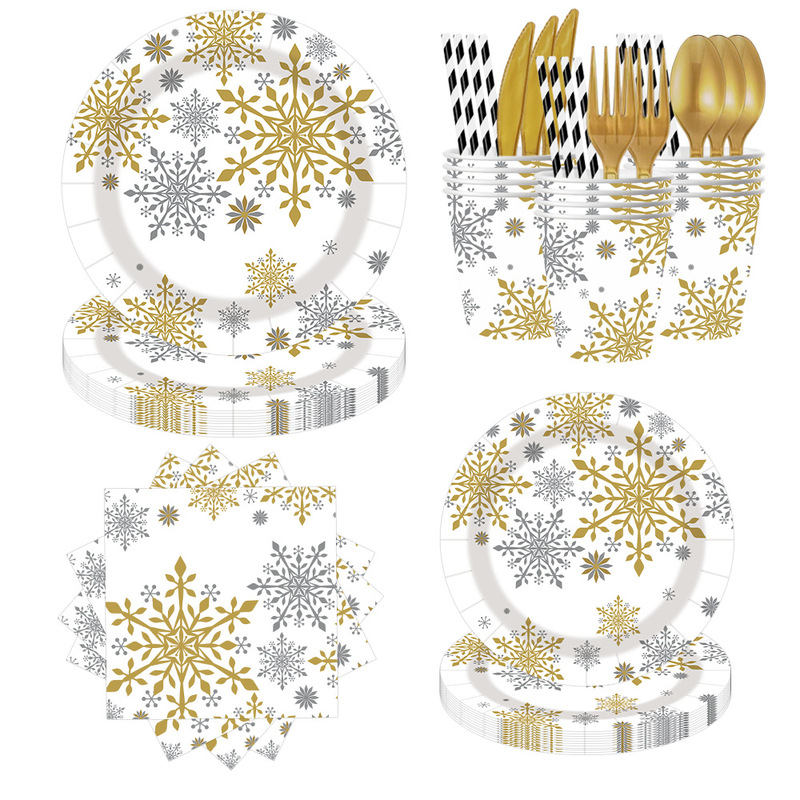 Cross-Border Christmas Snowflake Theme Party Tableware Disposable Paper Plates Paper Towels Paper Cups Straws Decoration Set Wholesale Cross-Border Christmas Snowflake Theme Party Tableware Disposable Paper Plates Paper Towels Paper Cups Straws Decoration Set Wholesale