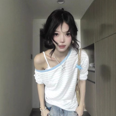 韩系简约蓝色条纹长袖t恤女早秋季宽松显瘦斜肩防晒薄纱罩衫上衣