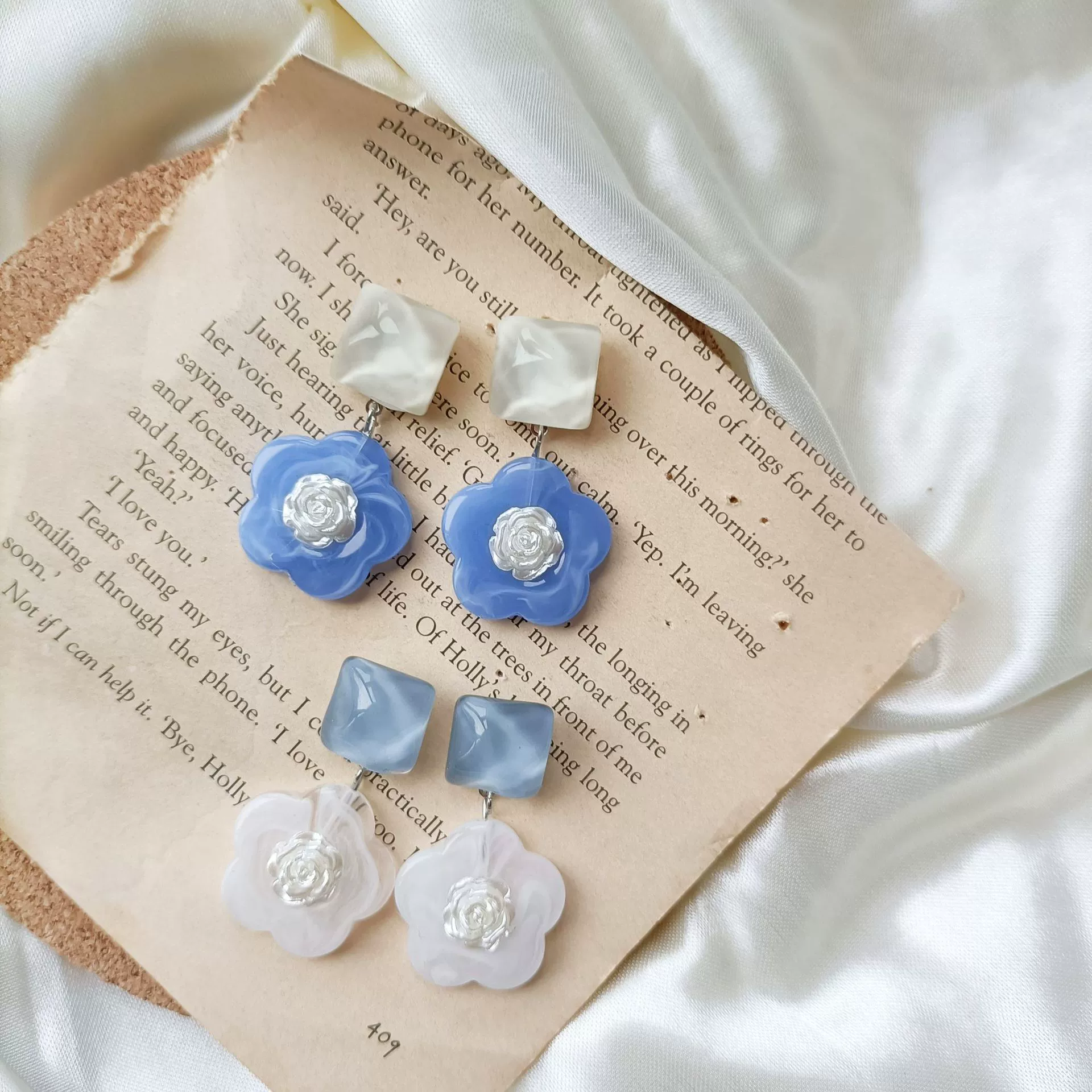 Ink, fresh earrings, ear clips, S925, silver 925 sample, flowered