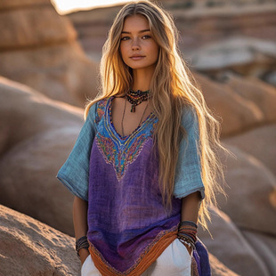 Foreign Trade Cross-Border Foreign Trade Cross-Border 2025 European and American New Amazon Popular Women's Clothing Retro Ethnic Style Women's V Neck