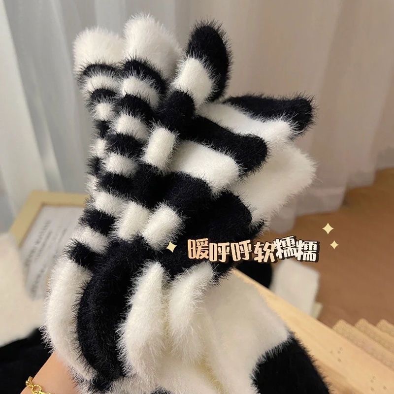 條紋水貂絨毛毛襪子女中筒秋冬加絨加厚堆堆襪地板襪睡眠襪月子襪