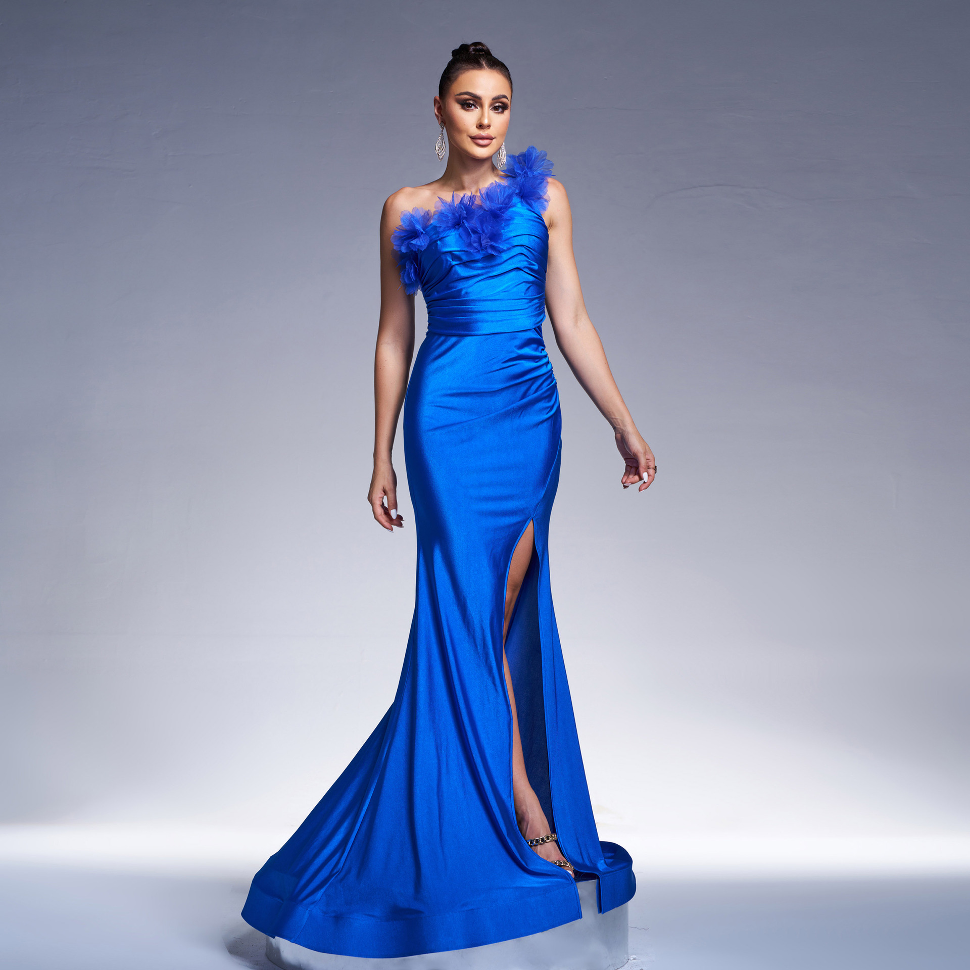 Women Clothing High Class One Shoulder Diagonal Collar Slim Fit Feather Cocktail Fishtail Split Evening Dress