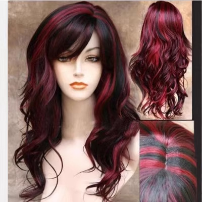 Peluca transfronteriza Mujeres europeas y americanas Split negro y rojo color largo pelo rizado alta temperatura seda fibra química sombrero multicolor opcional