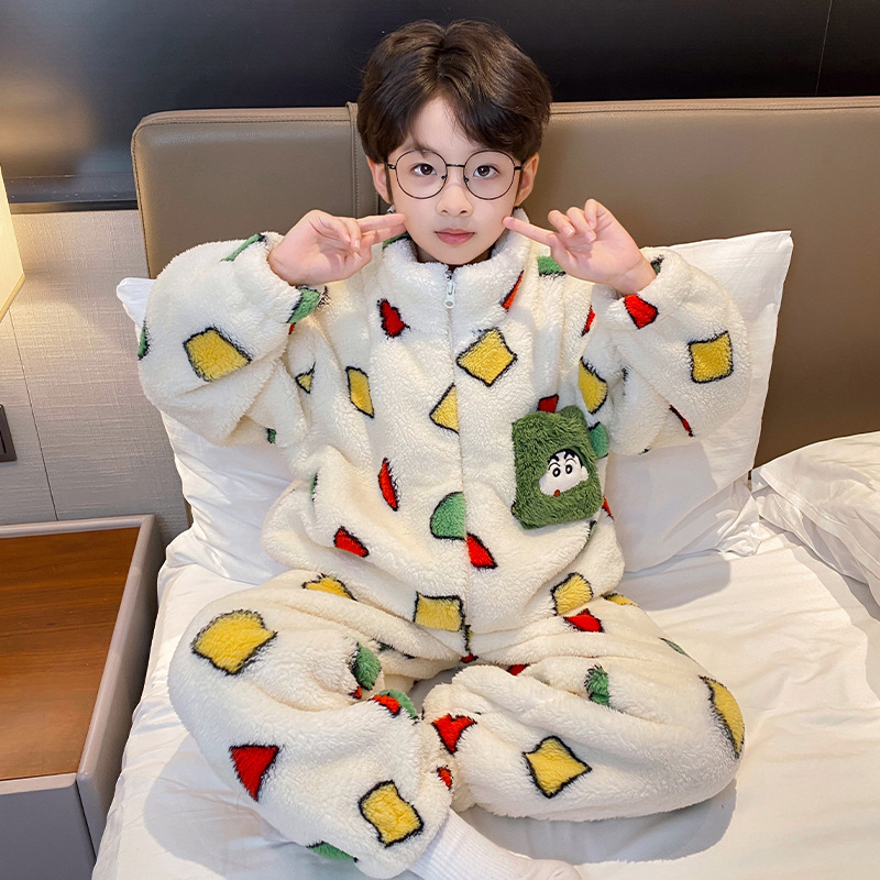 Pijamas de niños de invierno de nuevo estilo de mangas largas con cremallera de ropa cálida para el hogar simple para niños de tamaño medio y grande se pueden usar fuera