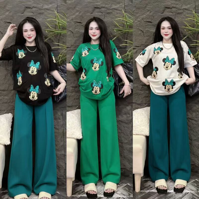 Southeast Asian Fashion Suit for Women, Summer New Style, Cartoon Loose Short-Sleeved Slimming Wide-Leg Pants, Casual Age-Reducing Two-Piece Set Southeast Asian Fashion Suit for Women, Summer New Style, Cartoon Loose Short-Sleeved Slimming Wide-Leg Pants, Casual Age-Reducing Two-Piece Set