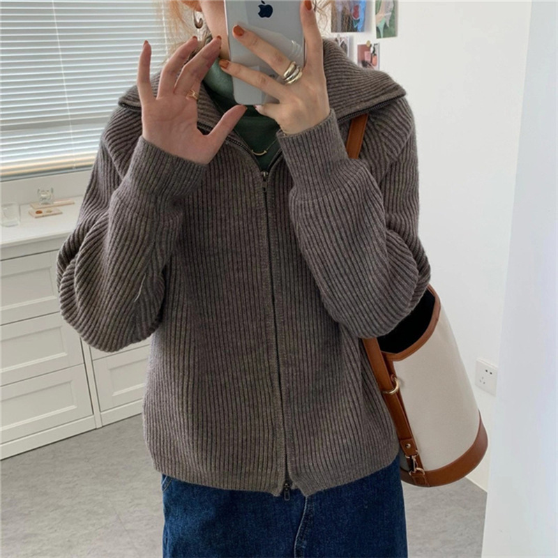 Coreano con solapa de doble cremallera de color sólido cardigan de punto de mujer otoño y invierno nuevo suéter suave pegajoso abrigo suelto image 11