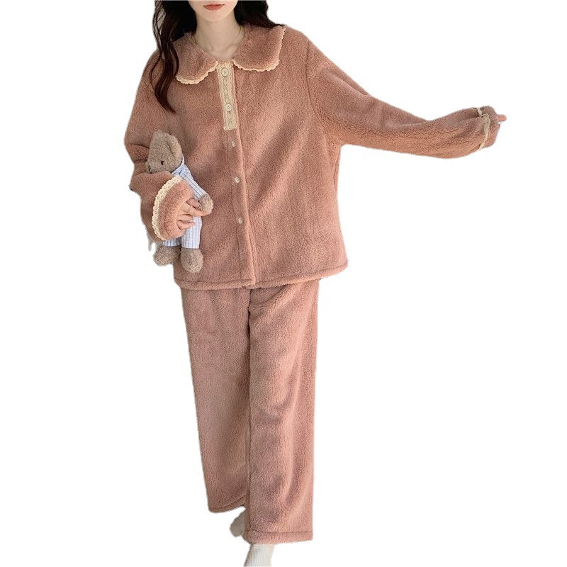 Pijamas de lana de coral con cuello de muñeca dulce francés para mujer más terciopelo engrosado ropa de hogar de franela de invierno traje de gran tamaño invierno