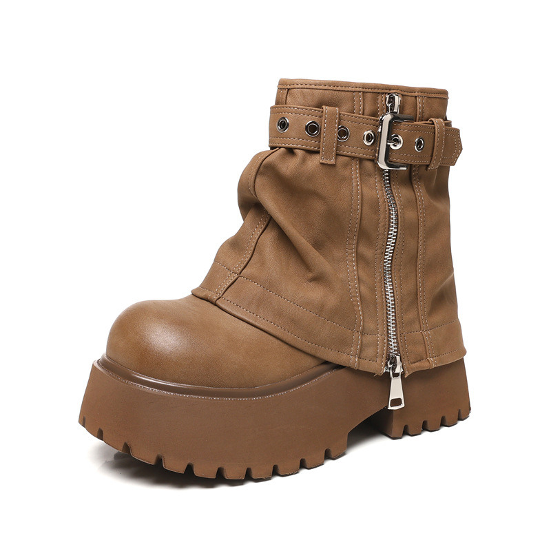 Giày boot nữ cổ thấp đế dày tăng chiều cao phong cách thường ngày — màu đen