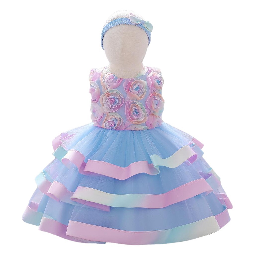 Vestido para niñas, vestido de bautizo para bebés de un año, vestido de princesa con flores tridimensionales de malla, vestido de cumpleaños con falda abullonada de colores.