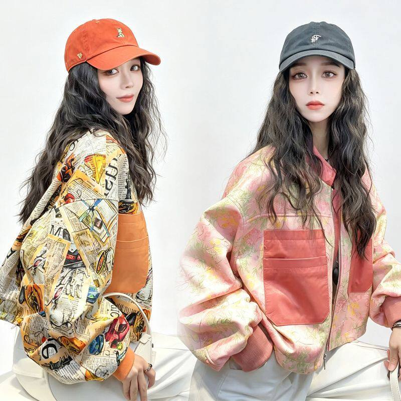 Áo khoác cardigan nữ dáng rộng họa tiết retro in 3D cổ đứng khóa kéo — Màu cam, Màu hồng