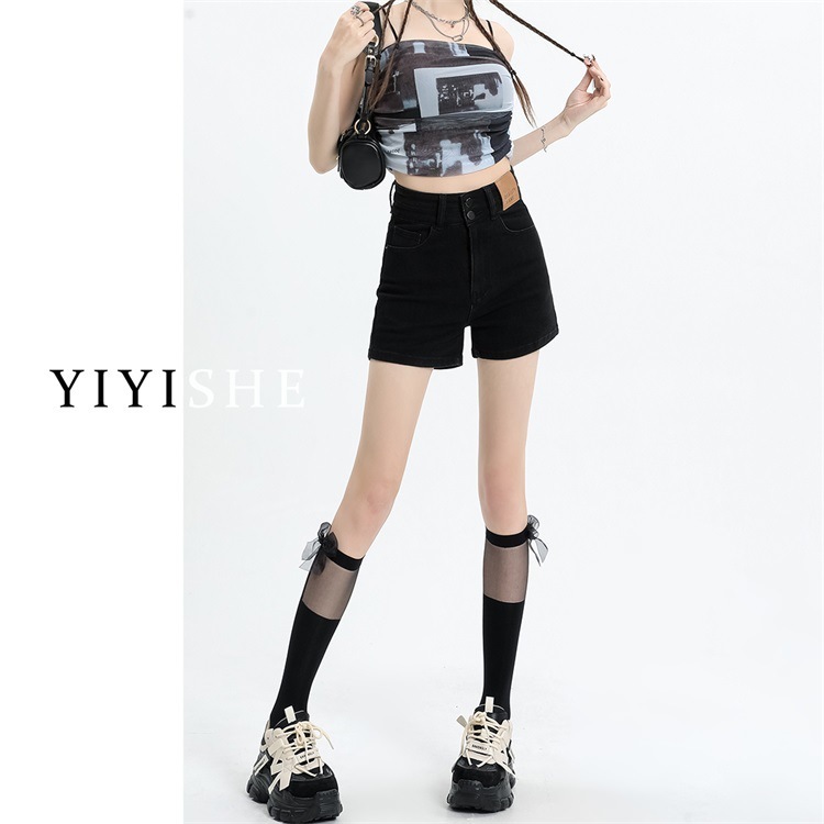 女性のためのハイウエストデニムショートパンツ 2025 夏の新しいホットガールイエローマッドカラーデザインスリム A ラインストレートホットパンツ|undefined