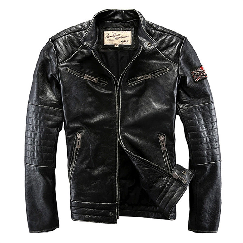 Cross -border for AVFLY to make old cowhide leather coat men standing for European and American locomotive casual embroidery leather jackets