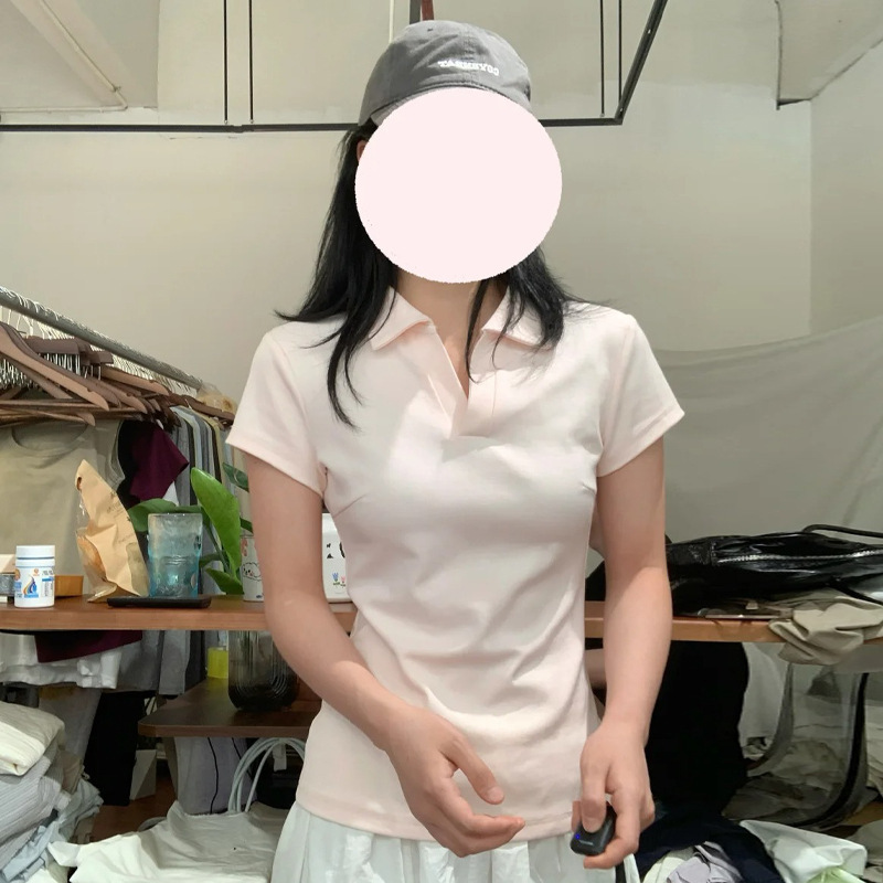 ブルーポロカラー半袖Tシャツ女性用2025新しい夏右肩スリムフィットラペル純綿ショートトップ|undefined